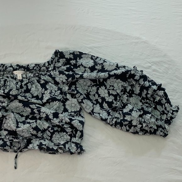 LC Crop Top Navy White Daisy Print Balloon Ruffle 3/4 Sleeves Drawstring Size M - Picture 7 of 15